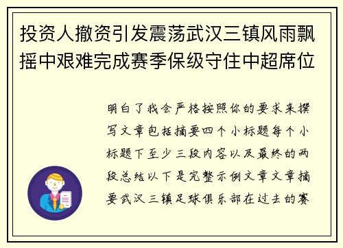 投资人撤资引发震荡武汉三镇风雨飘摇中艰难完成赛季保级守住中超席位